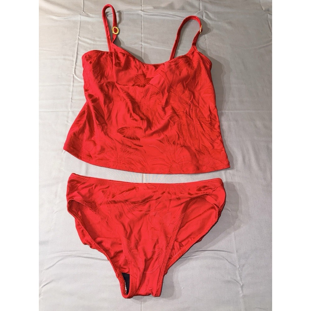 Sirena Red Embossed 2pc Bathing Suit size 12 Vintage 90s Gold‎ Accents